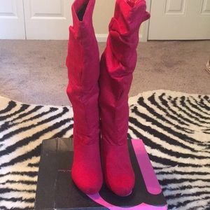 Red faux suede knee high boots